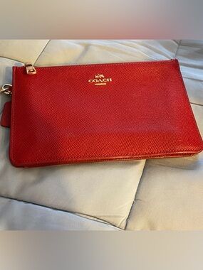 Coach Red Saffiano Leather Pouch with Gold Logo